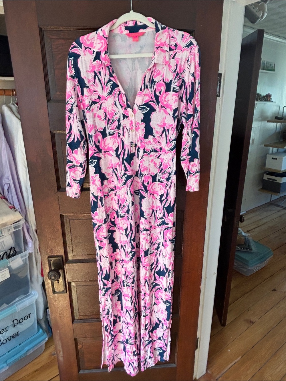 Lilly Pulitzer Pink Floral Maxi Dress - Navy Background